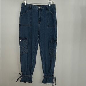 Fashion Nova Women's Blue Cargo Jeans with Tie Bottoms size 15
